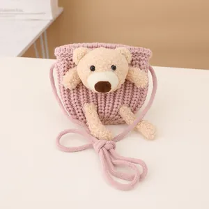 Pink knitted child shoulder bag with a cute 3D plush bear doll for autumn and winter