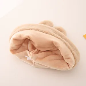Close-up of beige winter hat with plush bear ears and double-layer fleece lining