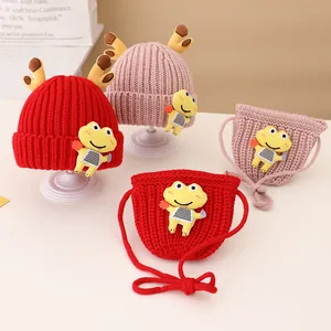 Kids Knitted Beanie Hat And Mini Crossbody Bag Set Cartoon Frog Deer Antlers Winter Warm Crochet Cap For Girls Boys