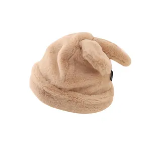 Winter faux cashmere warm cap for kids with cute rabbit ears and soft khaki plush lining