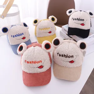 Kids Cartoon Frog Embroidery Baseball Cap Lamb Wool Corduroy Patchwork Warm Winter Hat Outdoor Casual Cute Tongue Hat