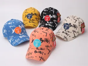 Detailed fan layout of five colorful kids graffiti baseball caps with BABY lettering