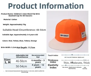 Detailed size chart for kids color-block baseball cap showing head circumference measurements