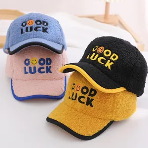 Kids Lamb Wool Baseball Cap GOOD LUCK Letter Smile Embroidery Warm Winter Duck Tongue Hat For Boys Girls Toddler Outdoor Casual
