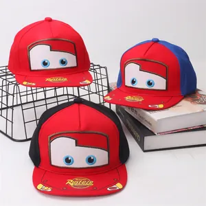 Kids racing car baseball caps with cartoon embroidery and Rust-eze 95 logo branding