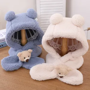 Enfants Hiver Chaud Sherpa Peluche Oreilles d'Ours Chapeau Écharpe Intégré Coupe-vent Bonnet Cache-oreilles Pour Garçons Filles Accessoires Quotidiens
