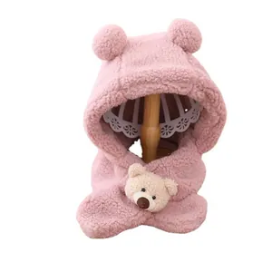 Écharpe à capuche d'hiver en peluche rose pour enfants avec oreilles d'ours et poupée