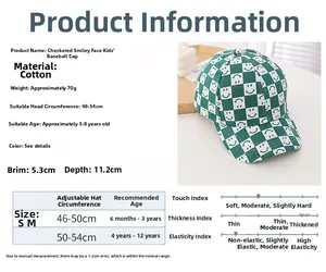 Size chart and specifications for children's cotton smiley face checkered baseball cap
