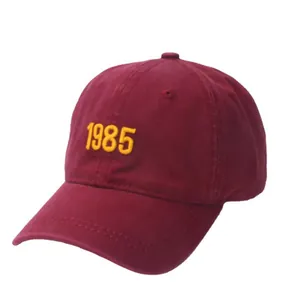 Kids vintage burgundy baseball cap with yellow 1985 embroidery and cotton twill fabric