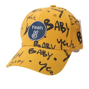 Kids yellow graffiti baseball cap with black BABY lettering and stylish blue patch