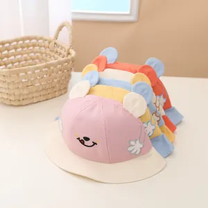 Detailed set of multi-color cotton kids sun hats with cute 3D ears and bear embroidery