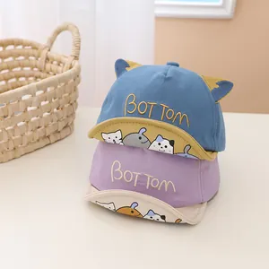 Detail of baby soft brim baseball caps with cute animal ears and cat embroidery