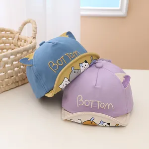 Soft cotton baby baseball caps with cute cat print and ears in blue and purple colors