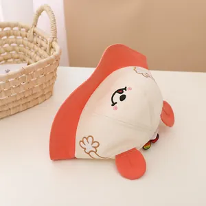 Detail of baby fisherman hat with cartoon smile embroidery and 3D decorative ears