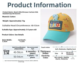 Detailed size chart for kids' dinosaur baseball cap with material and head girth specs