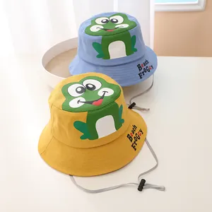 Kids cartoon frog sun hats in blue and yellow with adjustable windproof neck straps