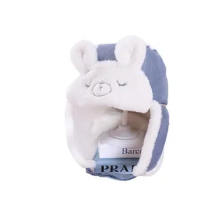 Cappello invernale blu per bambini con fodera in pile e ricamo orso carino