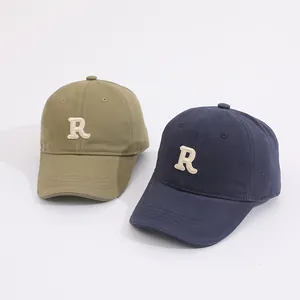 Kids cotton baseball cap with embroidered letter R in olive green and navy blue colors