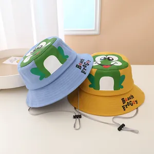 Detail of cartoon frog bucket hats with adjustable windproof drawstrings for kids