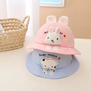 Kids cotton bucket hat set with cute rabbit and dog embroidery for sun protection