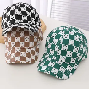 Kids Trendy Checkered Baseball Cap With Smile Face Pattern Cotton Sunshade Hat For Boys Girls Outdoor Casual Adjustable Cap