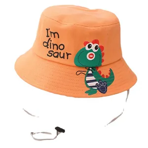 Sombrero de pescador naranja para niños con dinosaurio, protección solar y cordón ajustable