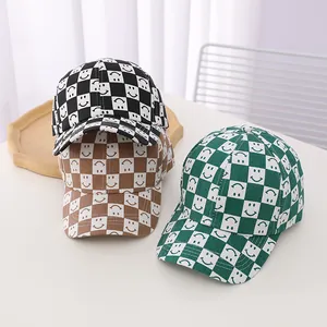 Kids checkered baseball cap with smiley face patterns in three stylish color options
