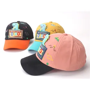 Kids baseball caps with 3D dinosaur patches and cute cartoon patterns in three colors