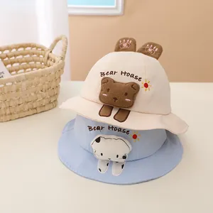 Children's cotton bucket hat with cute 3D ears and cartoon animal embroidery in two colors