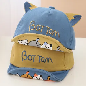 Baby Soft Brim Cotton Baseball Cap With 3D Ears Cartoon Cat Embroidery Infant Toddler Sun Hat Outdoor Sunshade Peaked Cap