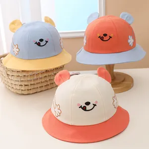 Kids Cartoon Smile Face Fisherman Hat With 3D Ears Contrast Color Cotton Sunshade Bucket Hat For Toddler Boys Girls Outdoor