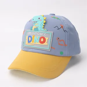 Detailed view of kids cartoon dinosaur pattern with 3D silicone patch on baseball cap