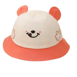 Kids smile embroidery bucket hat with cute orange ears and floral print sun protection