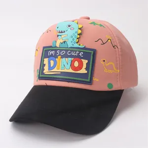 Detailed front view of pink kids baseball cap with 3D dinosaur patch and sun protection