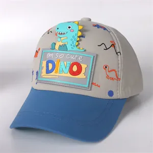 Grey and blue kids baseball cap with 3D dinosaur patch and cartoon volcano patterns