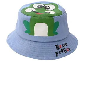 Kids light blue bucket hat with cartoon frog design and Beach Froggy text print