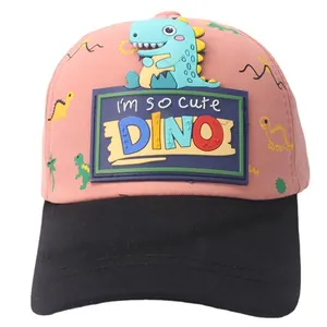 Pink and black kids baseball cap with 3D dino patch and cute dinosaur cartoon prints