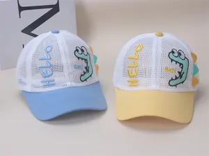 Detail of breathable mesh kids baseball cap with 3D dinosaur embroidery and Hello text