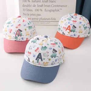 Kids cotton baseball cap with colorful cartoon car prints and a 3D letter A patch