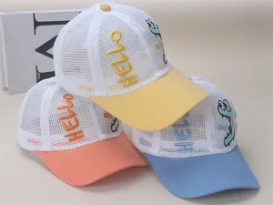 Breathable summer mesh baseball caps for kids with cute dinosaur and Hello embroidery