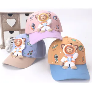 Kids baseball cap featuring cute 3D astronaut bear with space theme planets design