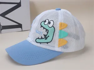Detail of breathable mesh kids cap with cartoon dinosaur embroidery and blue brim