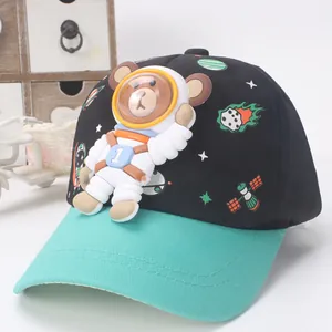 Kids baseball cap with 3D astronaut bear and space planet patterns on black and green