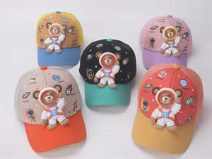 Collection of kids cartoon space bear mesh hats in vibrant contrasting color combinations