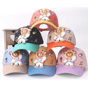 Kids baseball cap featuring 3D space astronaut bear and colorful planet patterns
