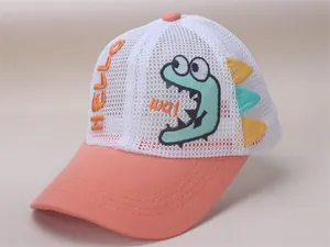 Detail of pink mesh kids baseball cap showing cartoon dinosaur and HELLO embroidery