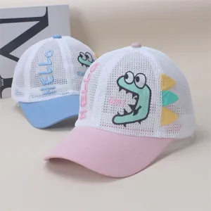 Detail of breathable mesh kids' baseball cap with cute cartoon dinosaur embroidery