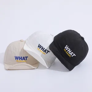 Close-up of quick-dry kids baseball caps with WHAT ON HOLIDAY embroidery in three colors