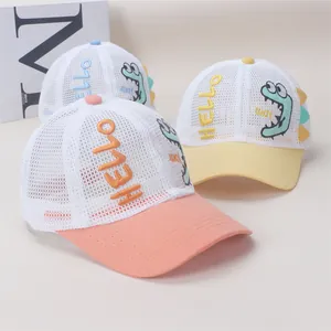 Kids breathable mesh baseball cap with cartoon dinosaur and 3D embroidery in three colors