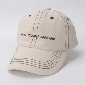 Close-up of cream cotton baseball cap with black contrast stitching and HELLO embroidery